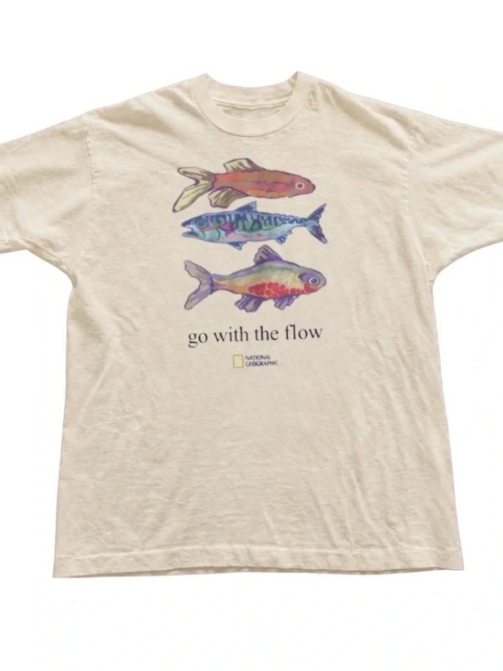 Cream Short-Sleeve Tee with Multicolor Fish Print